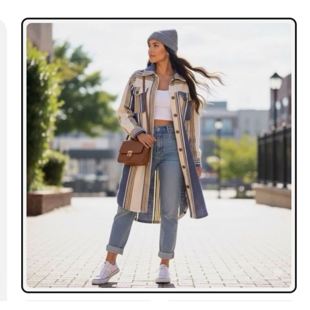 Aerie Oversized Flannel Shacket Jacket Cream Blue Stripe Cotton Size XS